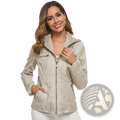 Beige hooded leather jacket two-piece slim fit with front zipper zippered pockets and textured sleeve detailing