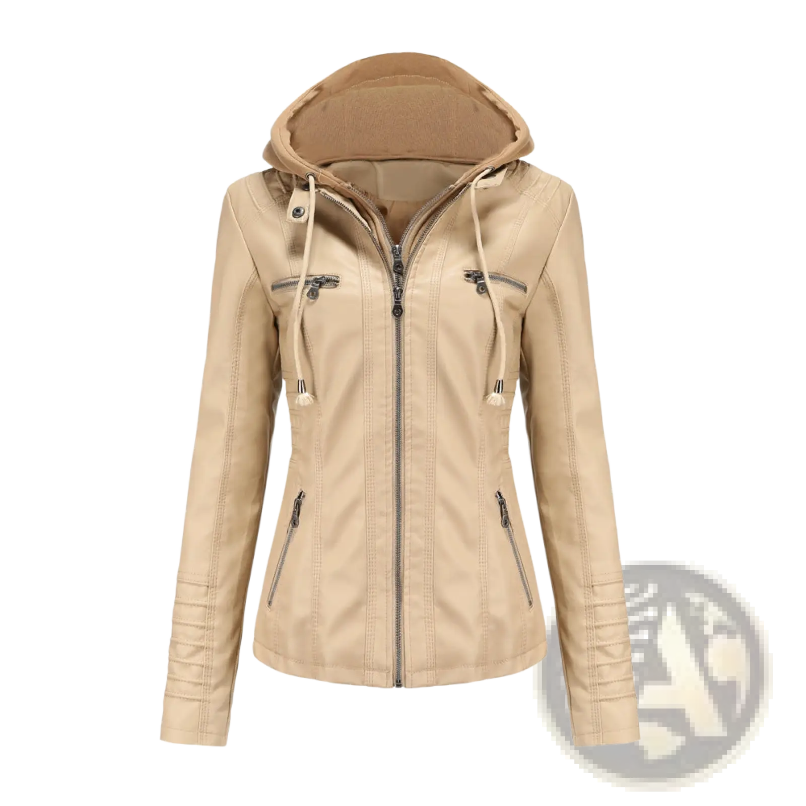 Beige faux leather hooded slim fit jacket with zippered pockets and drawstring detailing from two-piece detachable set