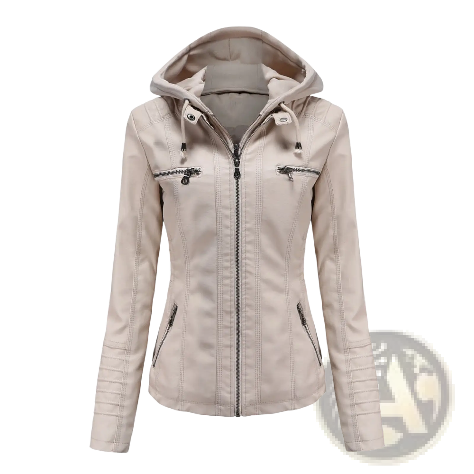 Beige faux leather hooded jacket with zippered pockets and ribbed cuffs in a slim fit two-piece detachable design