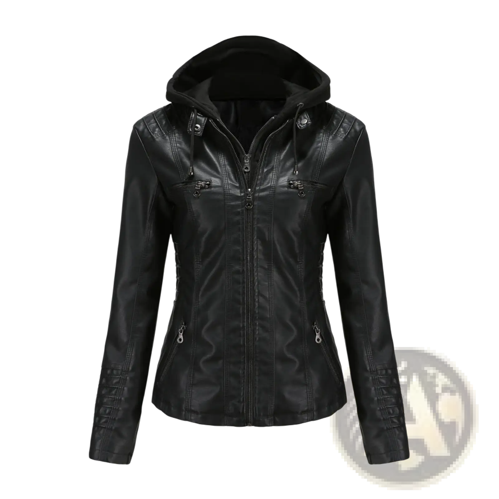Black faux leather hooded jacket with zippered pockets and reinforced seams in a slim fit two-piece detachable design