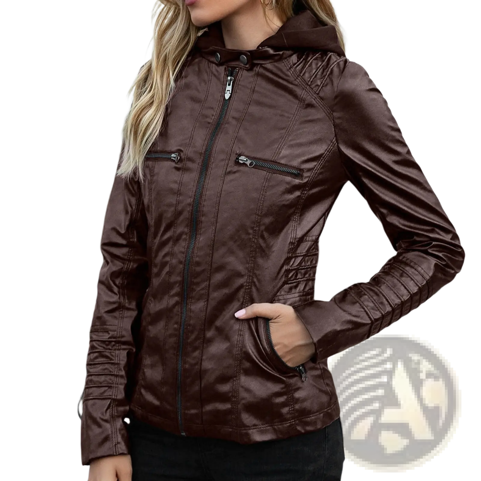 A sleek chocolate-brown faux leather hooded jacket with black zippers and subtle stitching from the two-piece detachable slim fit set