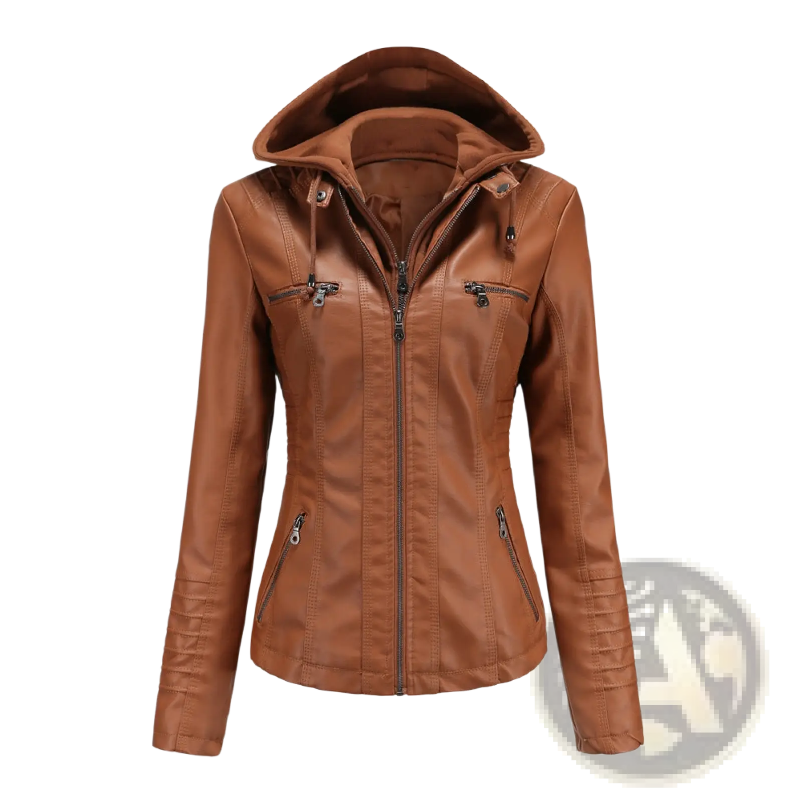 Brown faux leather slim fit hooded jacket with detachable two-piece design and zippered pockets and central zipper