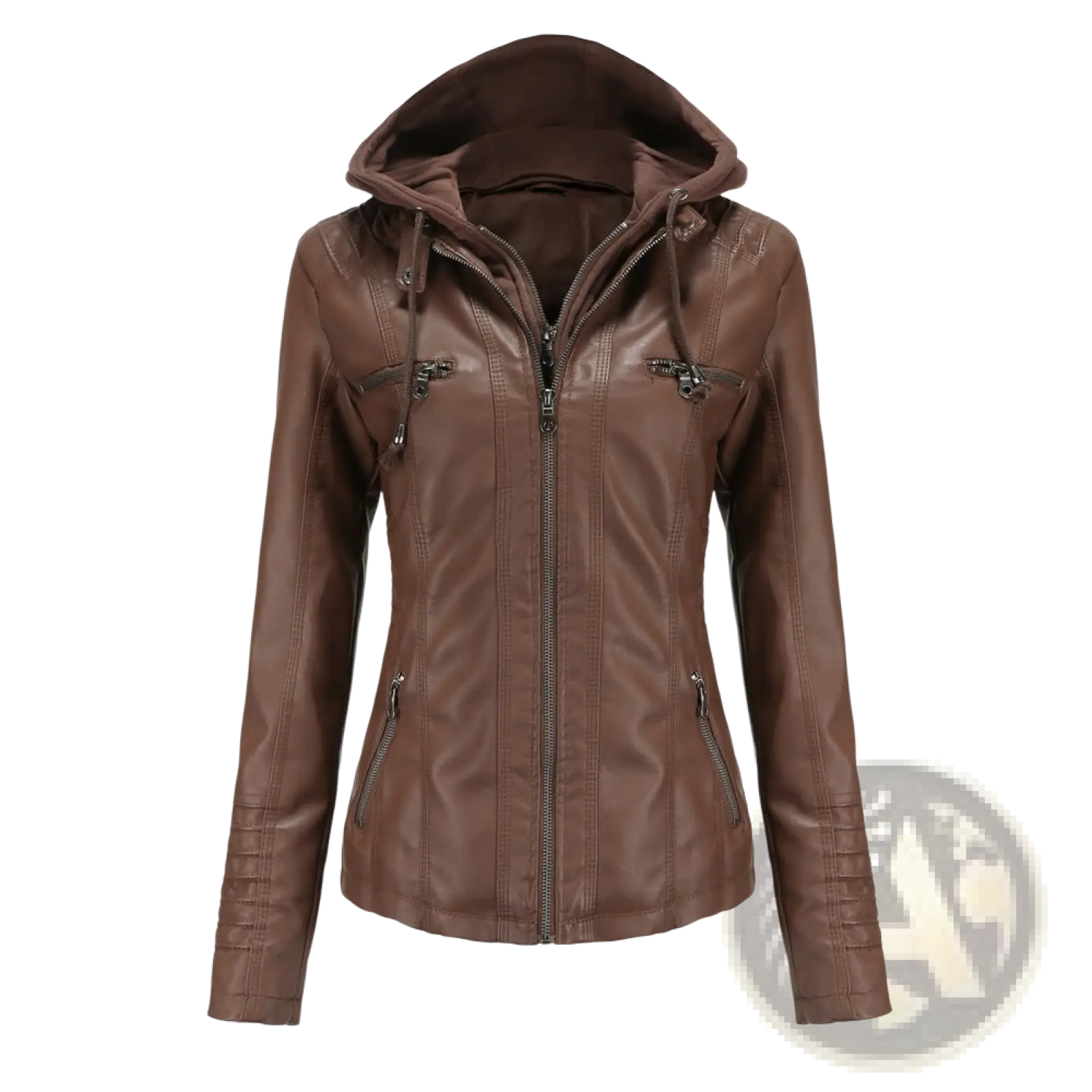 Brown faux leather hooded jacket with zippered pockets and central zipper from hooded leather jacket two-piece detachable slim fit