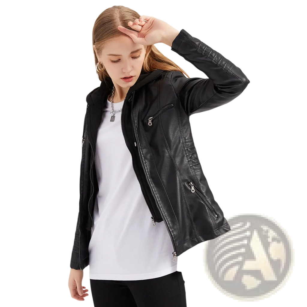Black faux leather moto jacket with quilted detailing and silver zippers from hooded leather jacket two-piece detachable slim fit