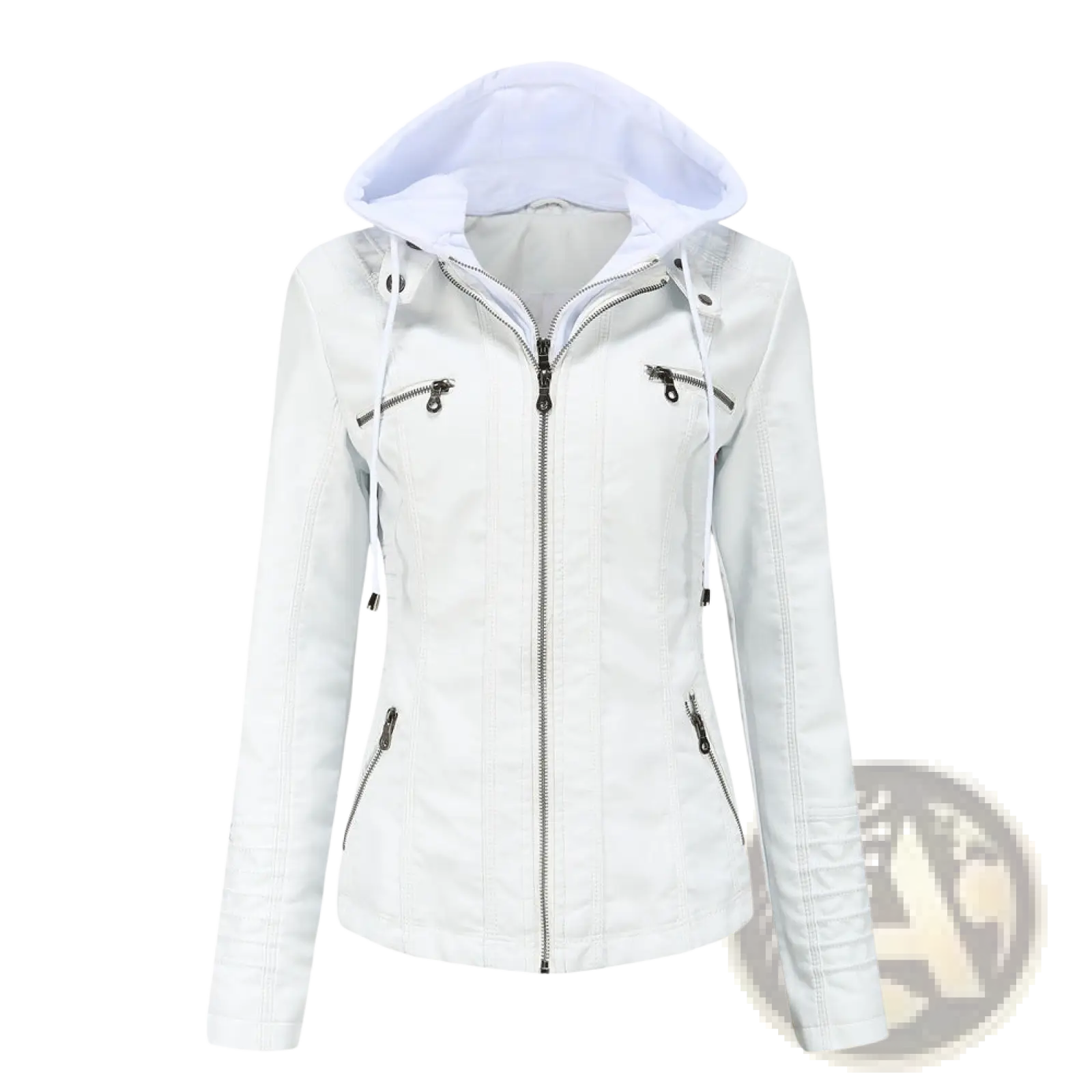 White faux leather hooded jacket with black zippers and light blue lining from hooded leather jacket two-piece detachable slim fit