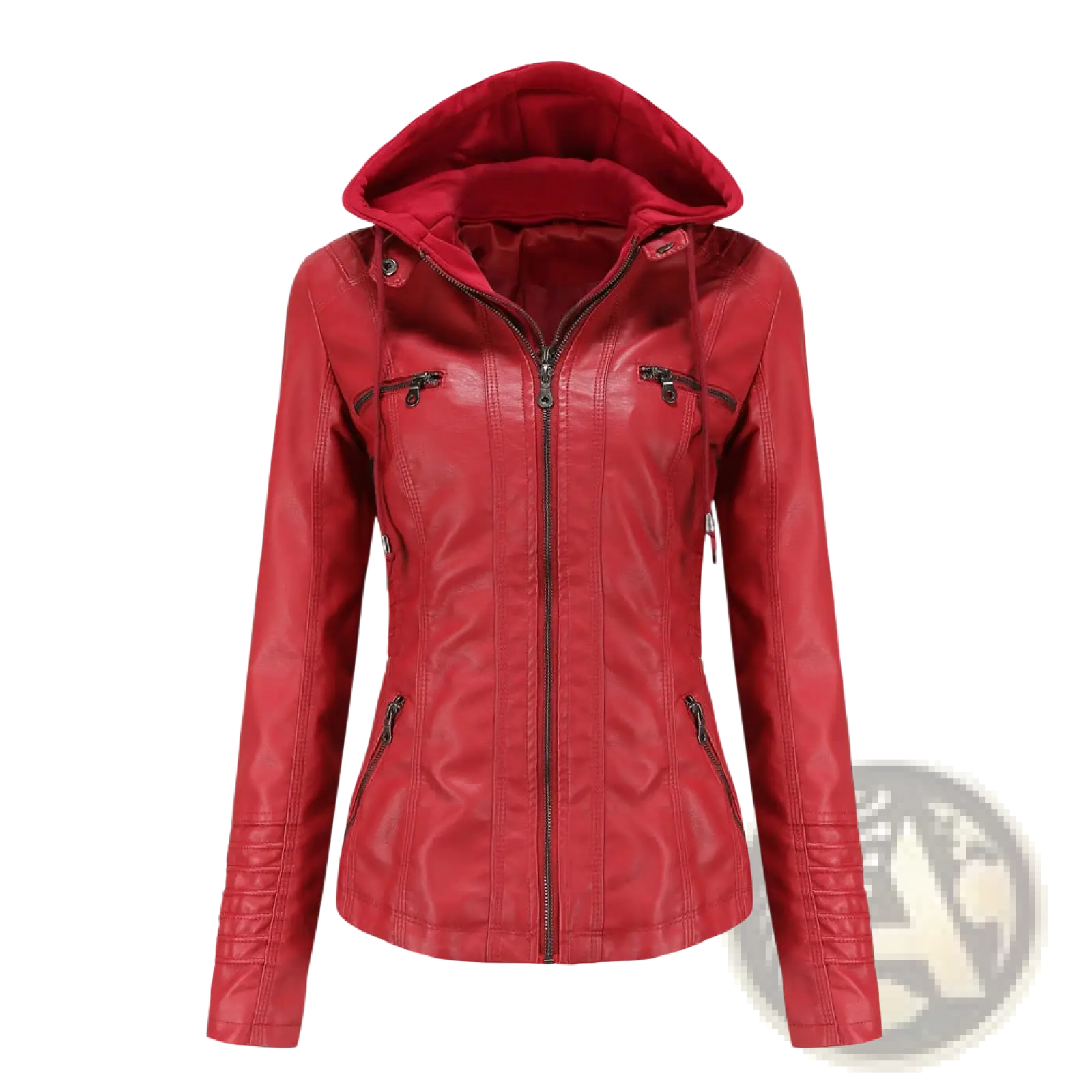 Red faux leather hooded jacket two-piece detachable slim fit with black zippers and quilted sleeve details