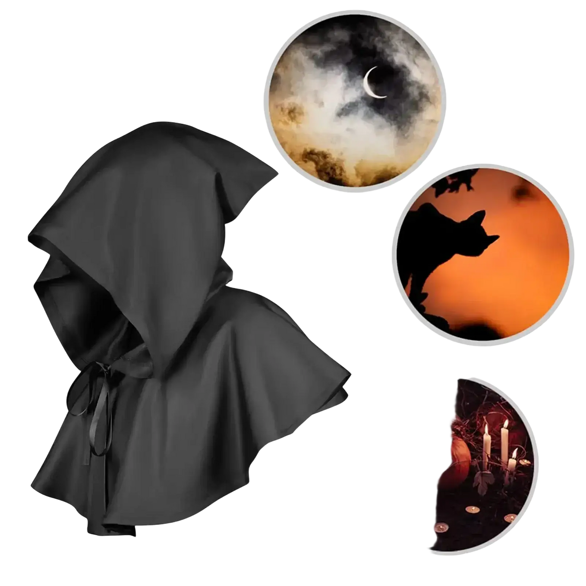 Black hooded death cloak costume with tied waistband shown from the back, ideal for medieval cloak costume use