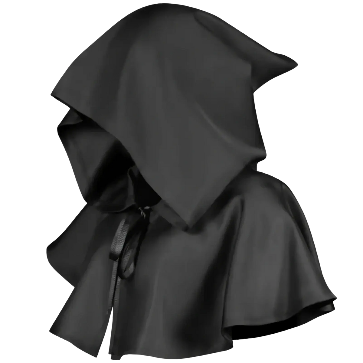 Black satin hooded medieval death cloak costume with tied bow at the neckline for historical or Halloween use