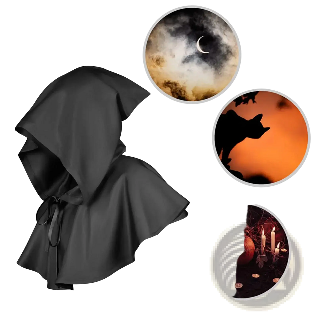 Black satin hooded medieval death cloak costume with tied belt at waist shown from the back side