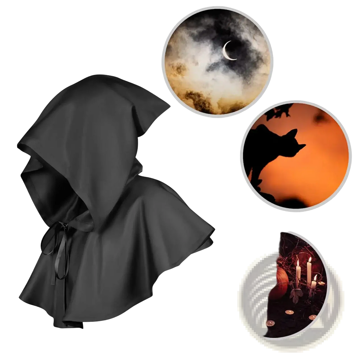Black satin hooded medieval death cloak costume with tied belt at waist shown from the back side