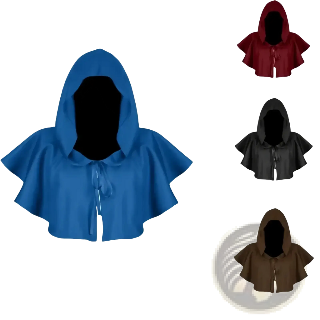 Blue hooded medieval death cloak costume with tie-front closure and wide flowing sleeves shown from the back side