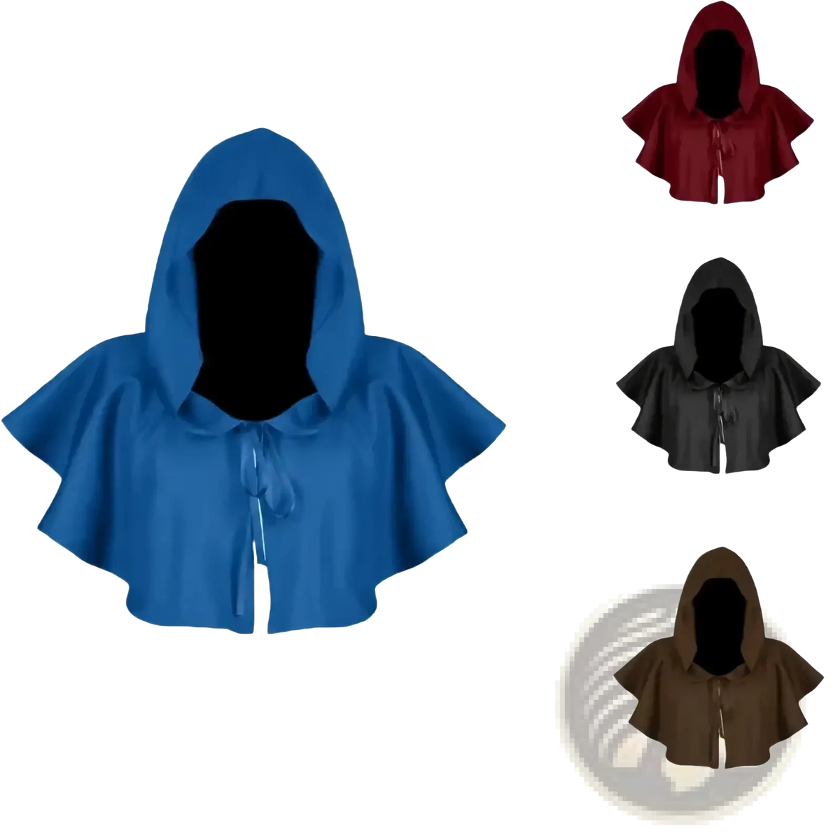 Blue hooded medieval death cloak costume with tie-front closure and wide flowing sleeves shown from the back side