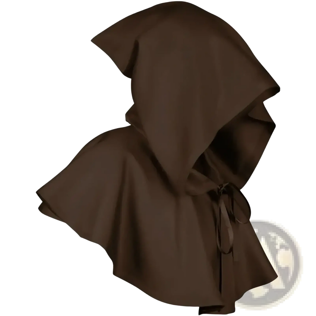 A dark brown hooded medieval death cloak costume shown from the back with a simple tied waistband