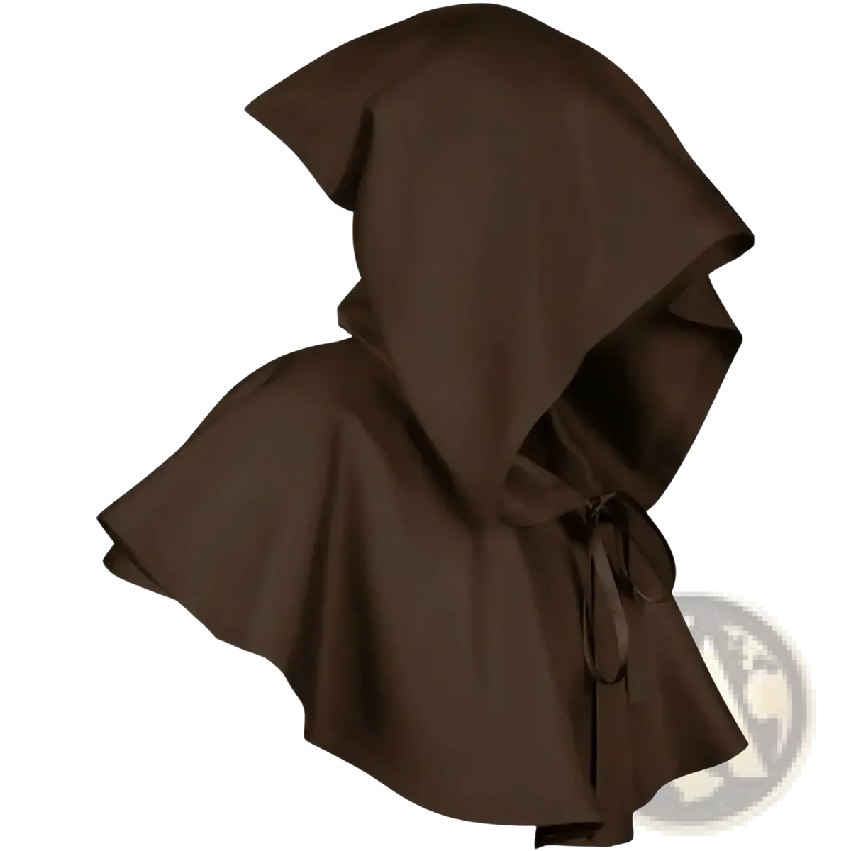 A dark brown hooded medieval death cloak costume shown from the back with a simple tied waistband