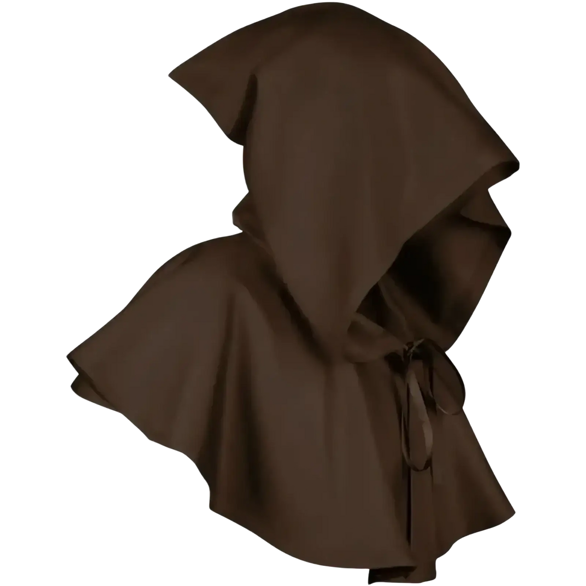 Dark brown hooded medieval death cloak costume with simple tied waistband designed for cloak costume use