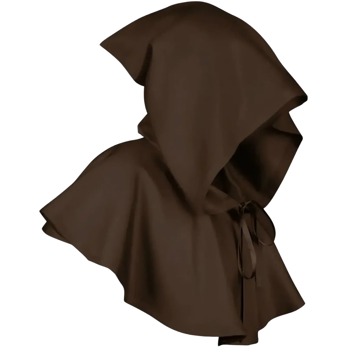 A dark brown hooded medieval death cloak costume shown from the back with a simple tied waistband