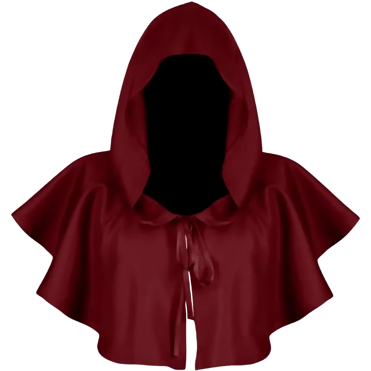 A rich burgundy satin hooded medieval death cloak costume with a tied bow at the front