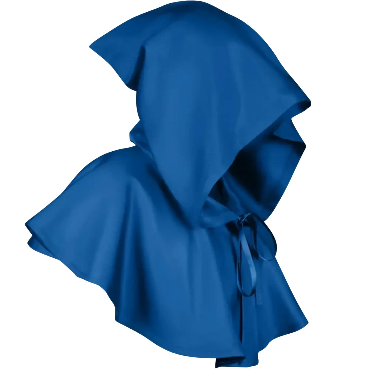 A rich royal blue hooded medieval death cloak costume made of smooth satin fabric with a tied waistband
