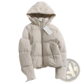 Beige hooded puffer cotton coat with front zipper and two side pockets designed for warmth and style