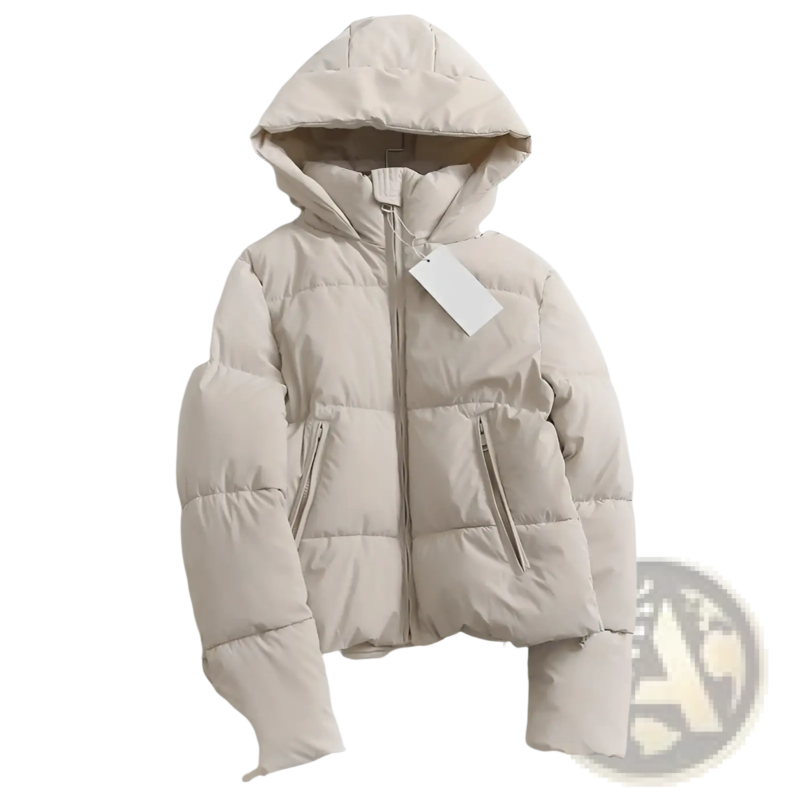 Beige hooded puffer cotton coat with front zipper and two side pockets designed for warmth and style