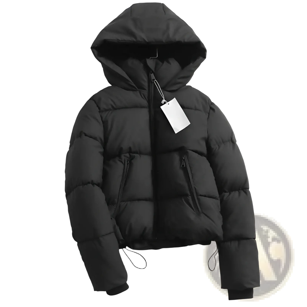 Black hooded puffer cotton coat with quilted design and drawstrings at cuffs for cold weather use
