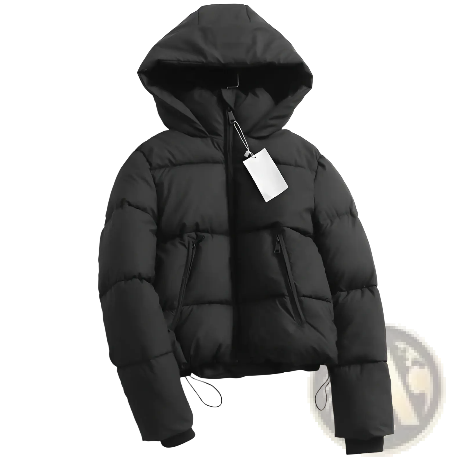 Black hooded puffer cotton coat with quilted design and drawstrings at cuffs for cold weather use