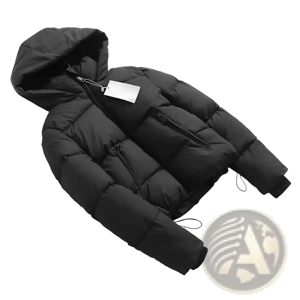 Black hooded puffer cotton coat with quilted design and zipper closures for cold weather protection