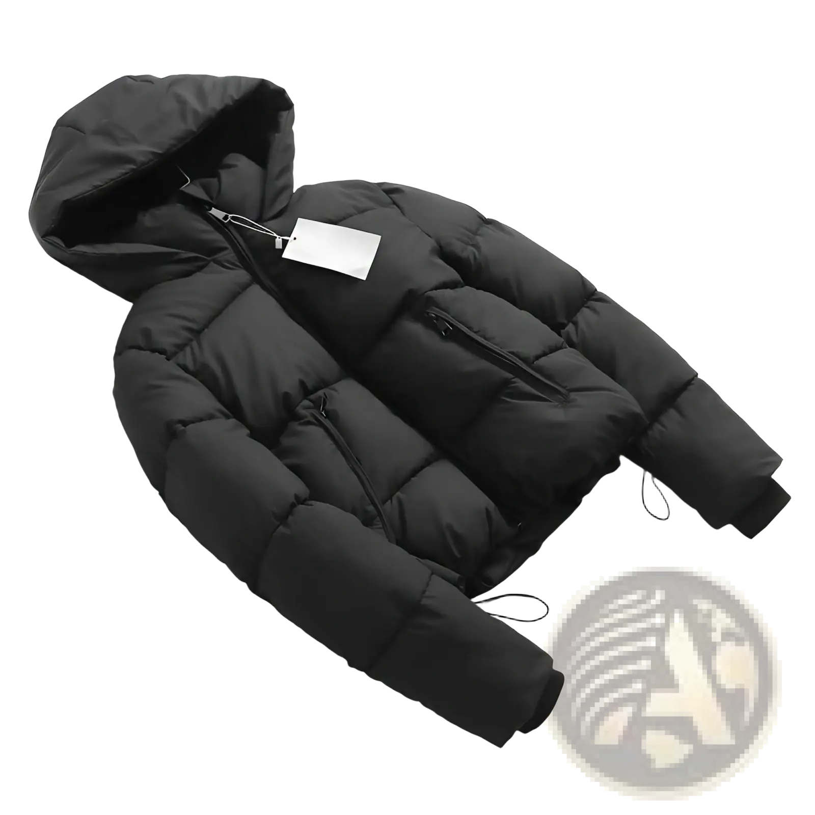 Black hooded puffer cotton coat with quilted design and zipper closures for cold weather protection