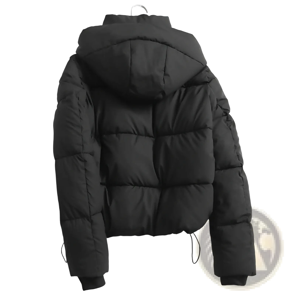 Black hooded puffer cotton coat with quilted design and insulated material for cold weather protection