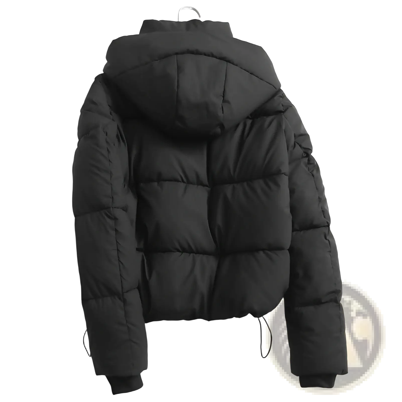 Black hooded puffer cotton coat with quilted design and insulated material for cold weather protection
