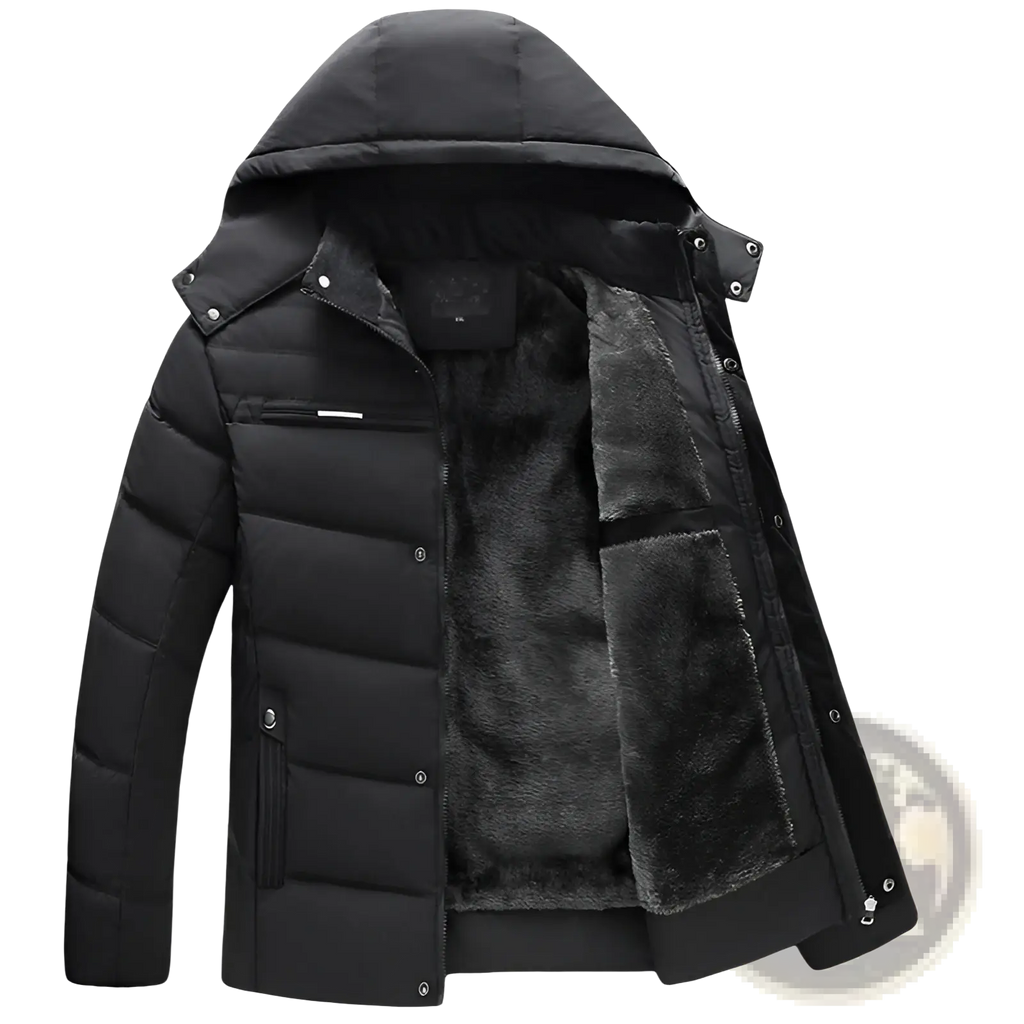 Black quilted hooded winter jacket with plush gray fleece lining designed for warmth and comfort