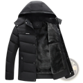 Black quilted hooded winter jacket with plush gray fleece lining designed for warmth and comfort