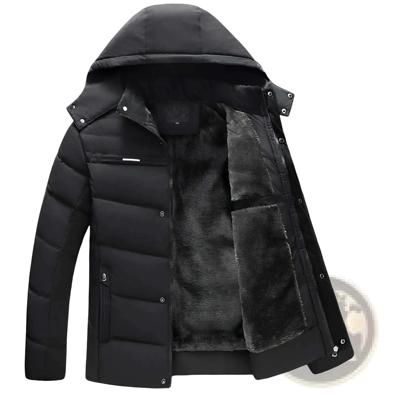 Black hooded quilted winter jacket with plush gray fleece lining for cold weather warmth and comfort