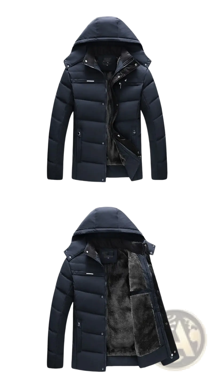 Black quilted winter jacket with hood and plush fleece lining designed for warmth and comfort in cold weather