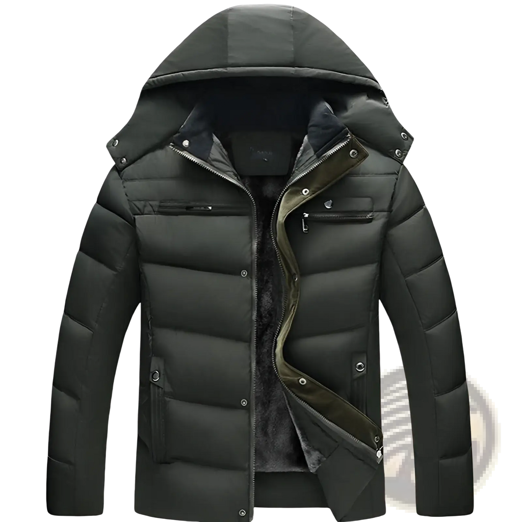 Black hooded quilted winter jacket with olive green plush fleece lining and faux fur trim for cold weather use