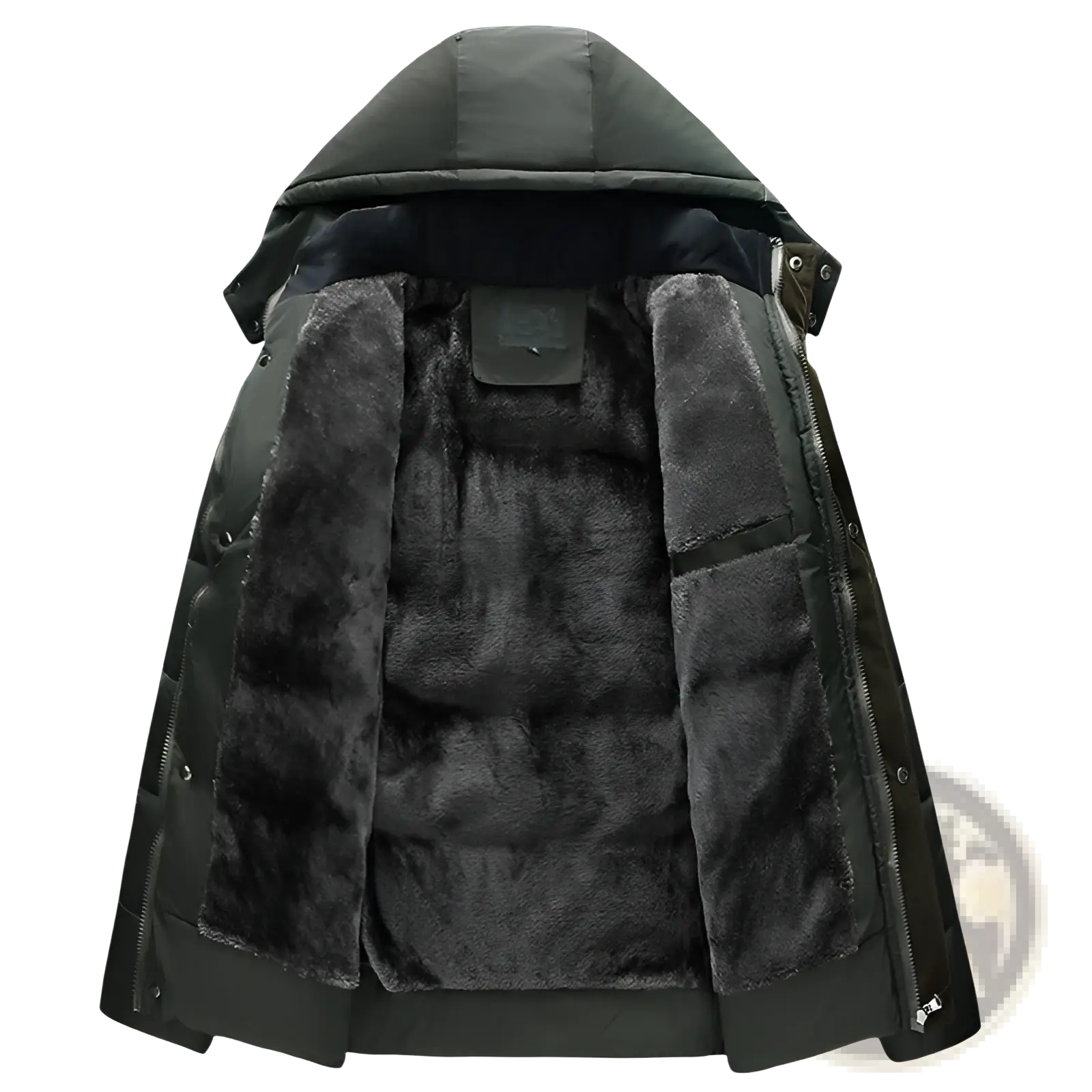 Dark green hooded quilted winter jacket with plush black faux fur lining for warmth and style