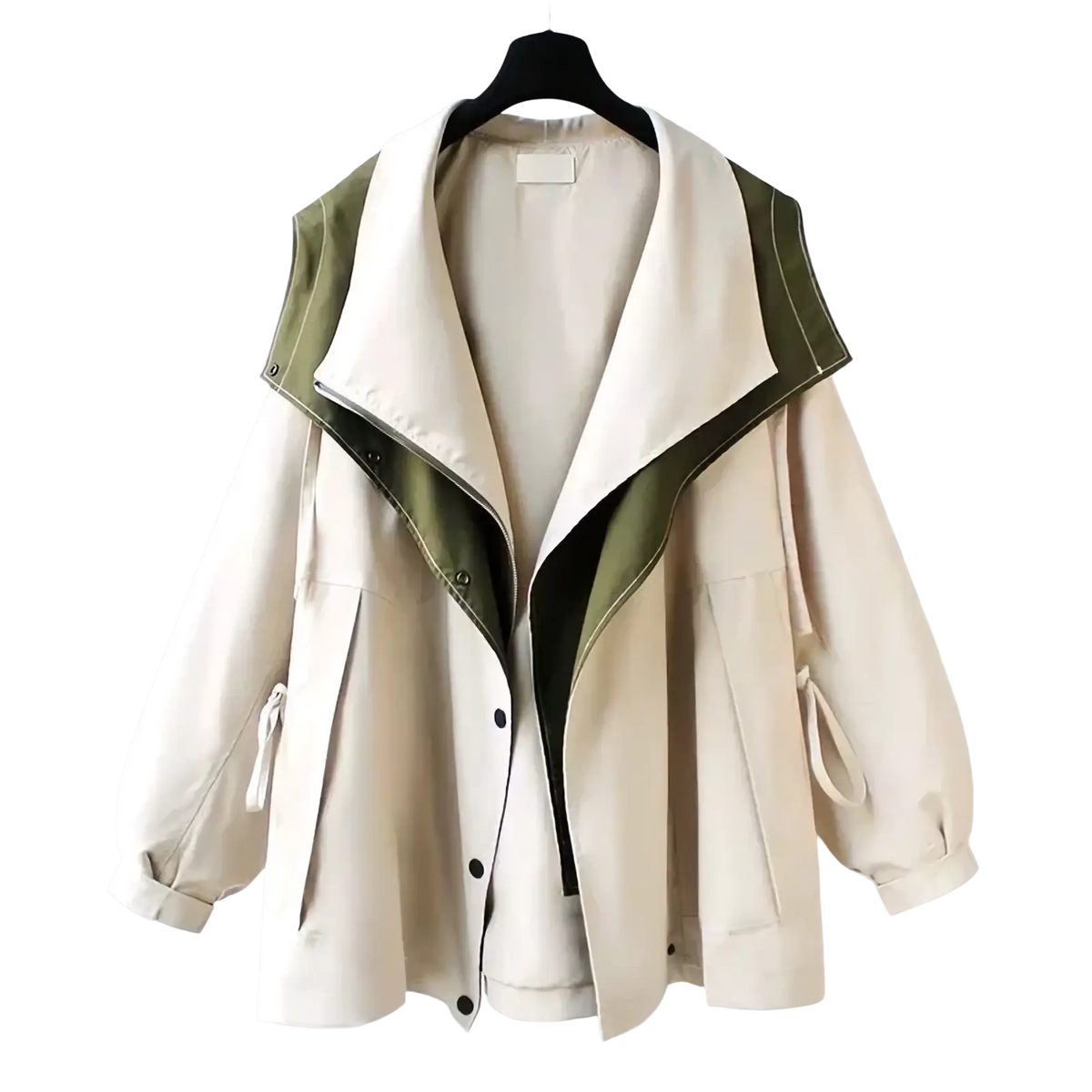 Beige and olive green two-tone hooded trench coat utility jacket with collar, button closure, side pockets, and drawstring cuffs