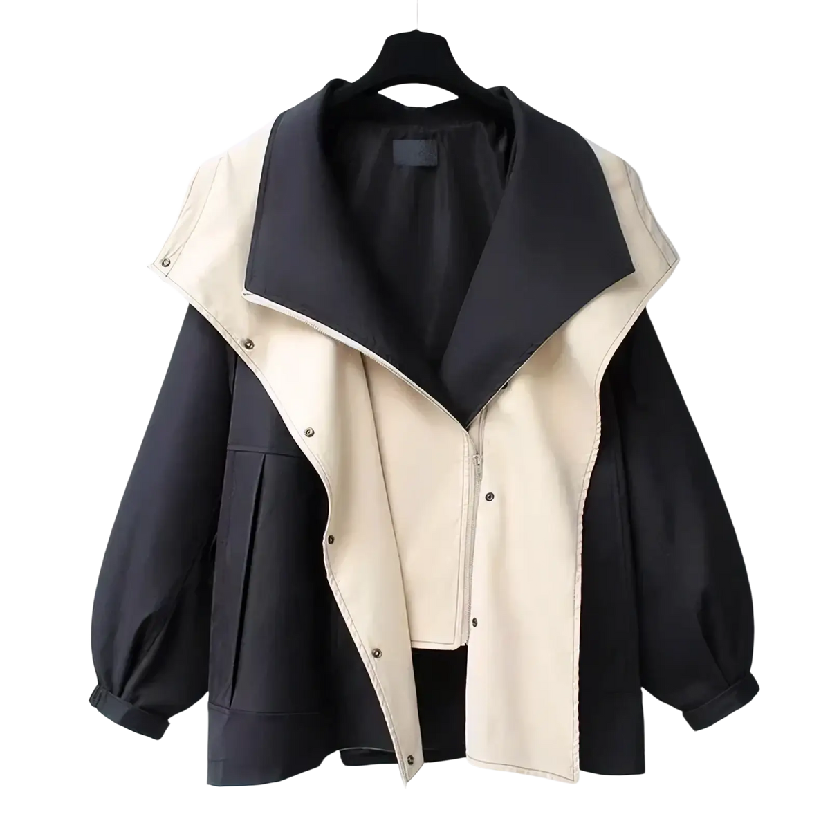Black and beige two-tone hooded trench coat utility jacket with high collar snap buttons and puffed sleeves