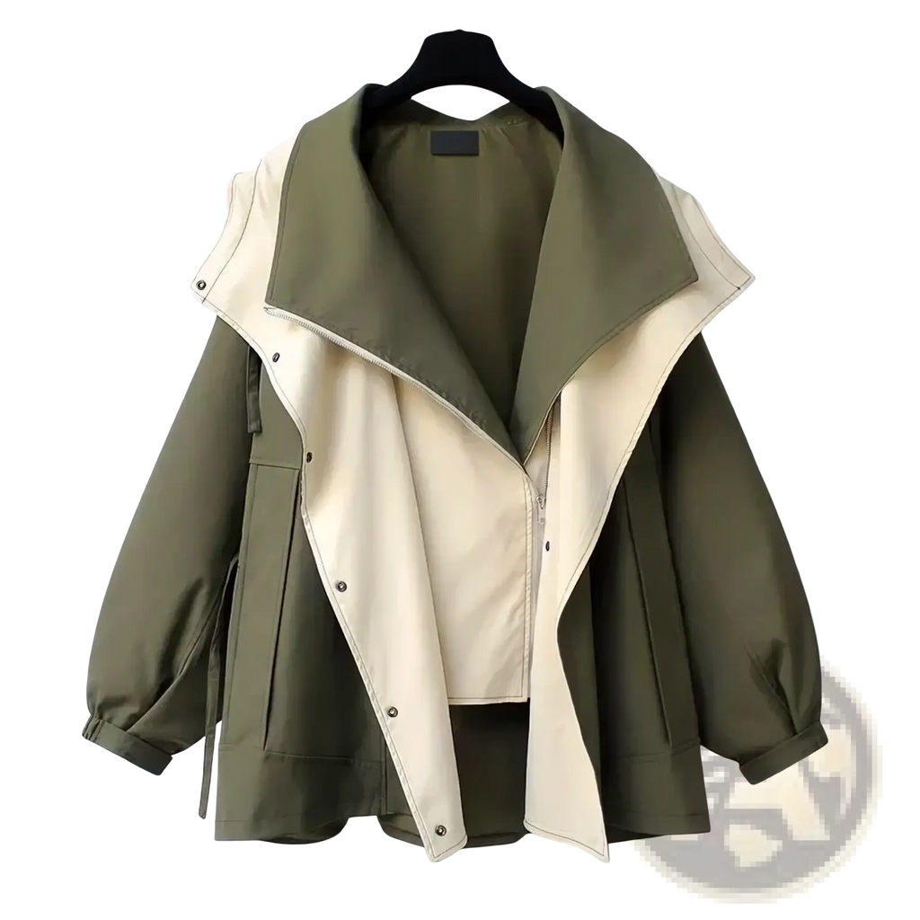Hooded trench coat utility jacket in olive green and cream with detachable hood buttoned front and elasticated cuffs
