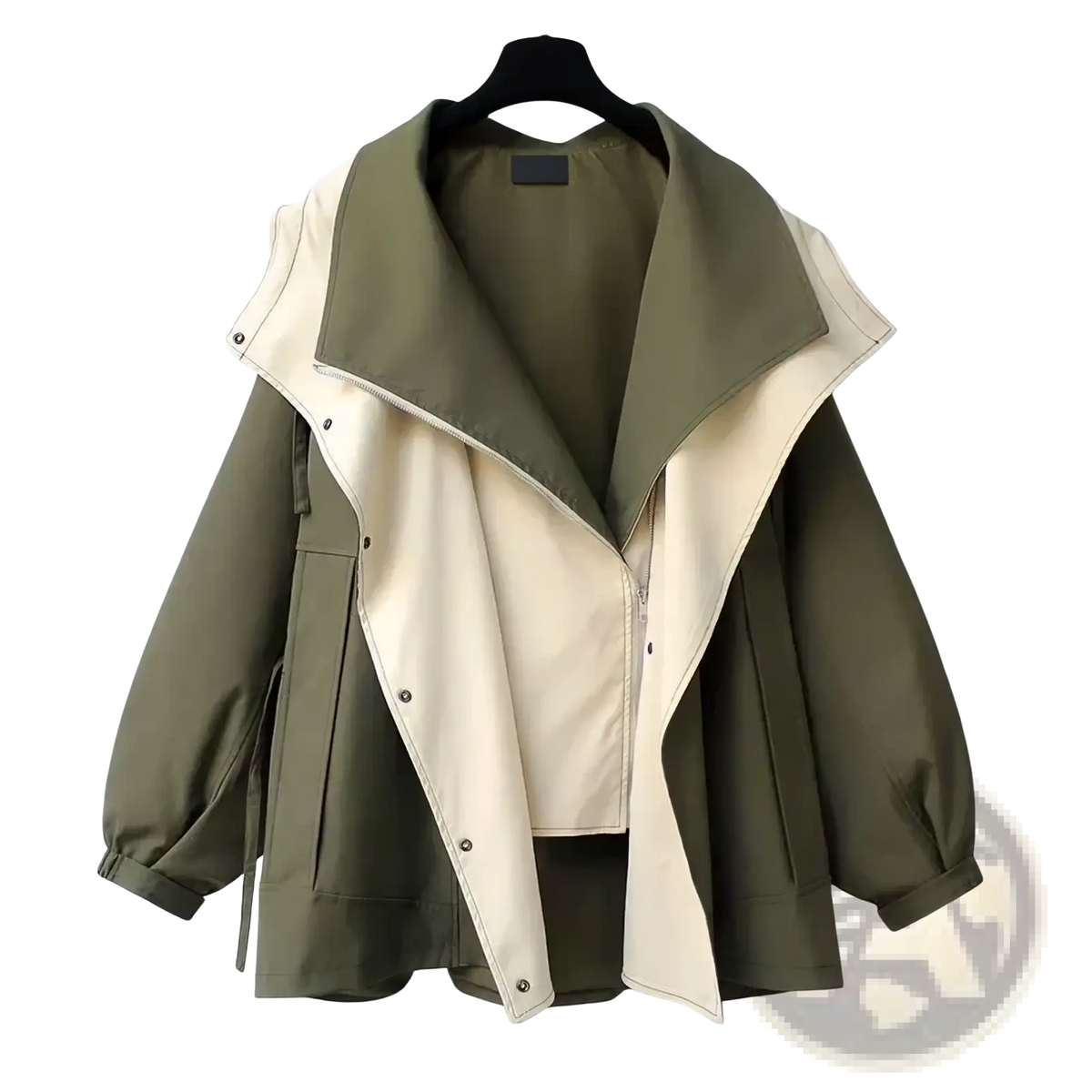 Hooded trench coat utility jacket in olive green and cream with detachable hood buttoned front and elasticated cuffs