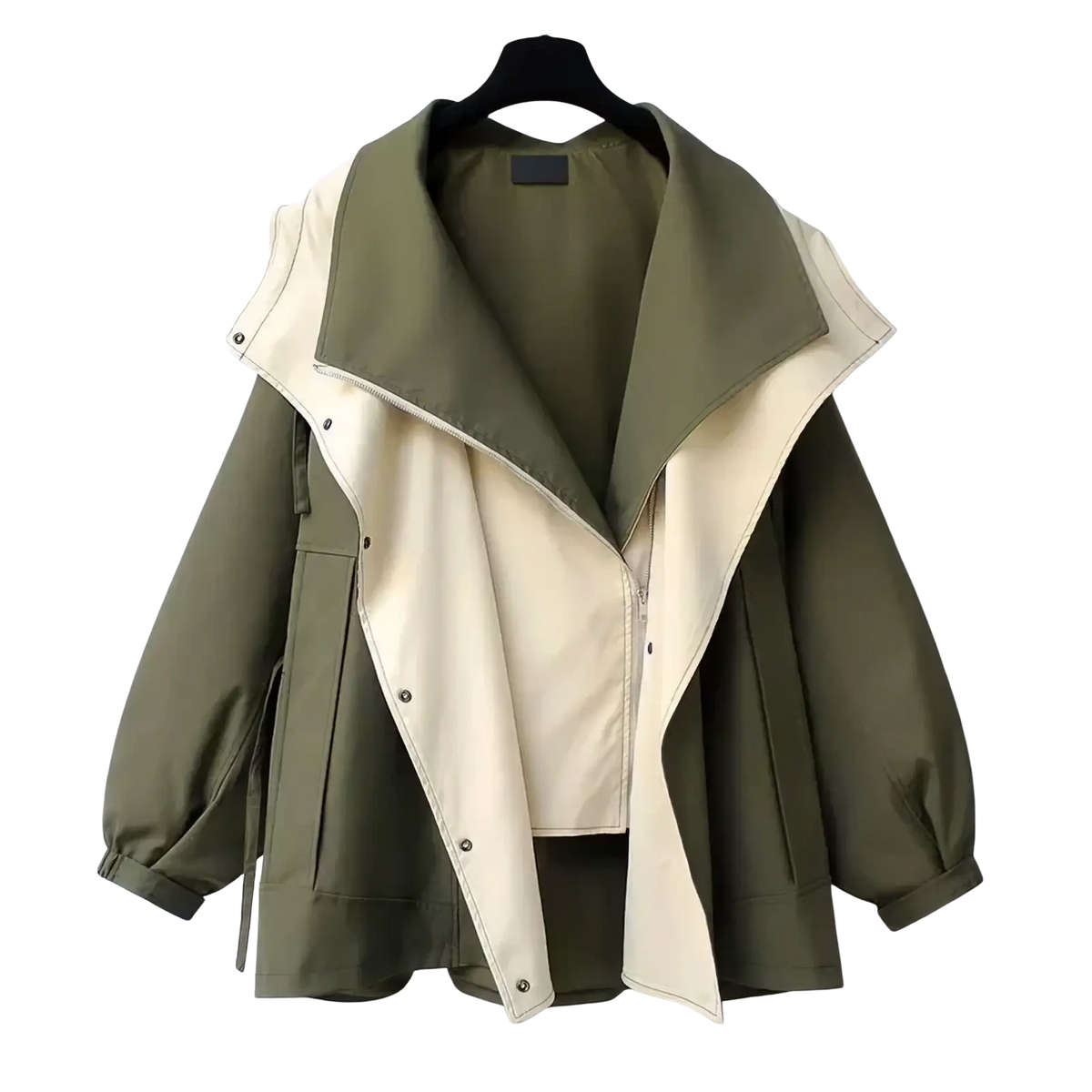 Hooded trench coat utility jacket in olive green and cream with detachable hood buttoned front and elasticated cuffs