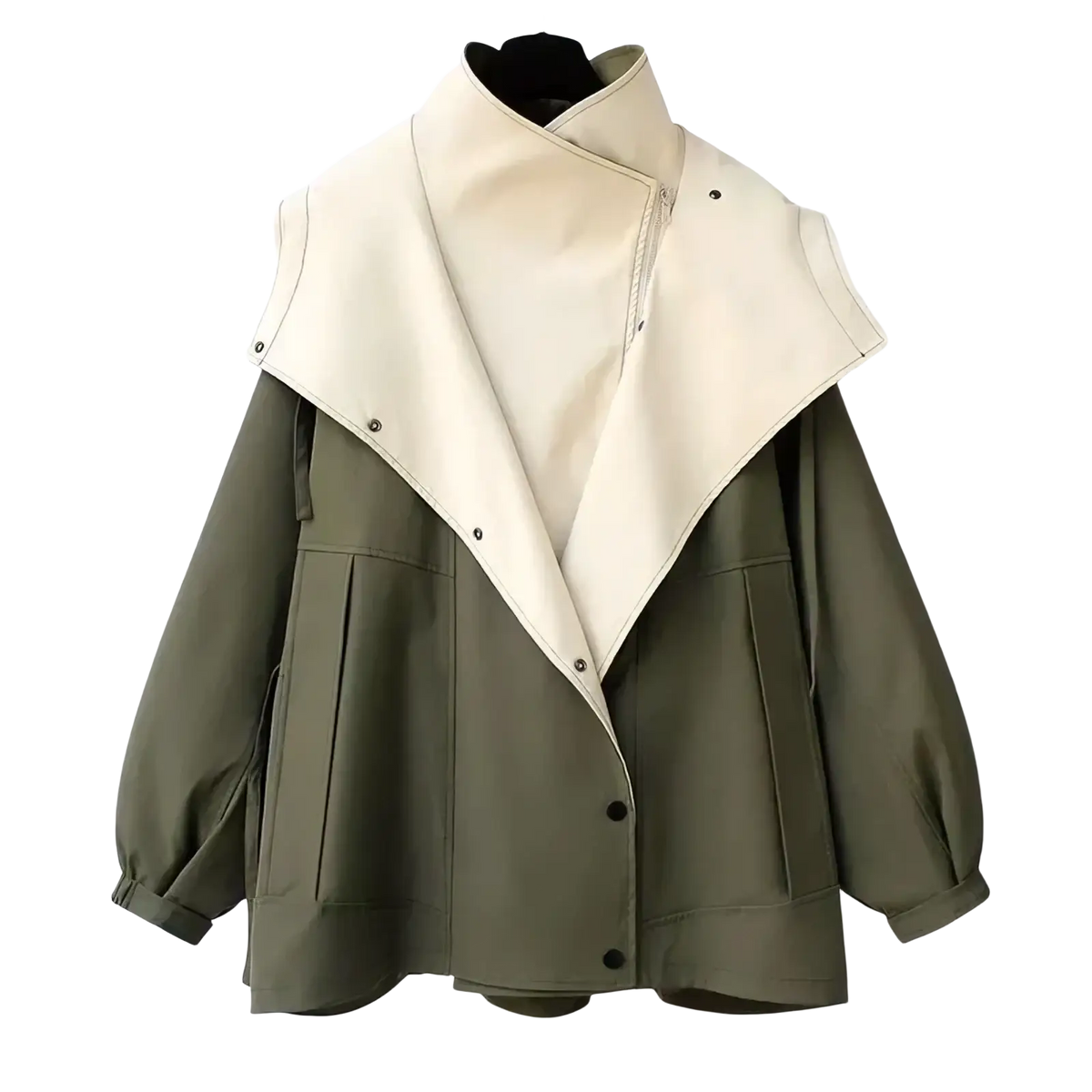 Olive green and cream two-tone faux leather hooded trench coat utility jacket with high collar button closures and flap pockets
