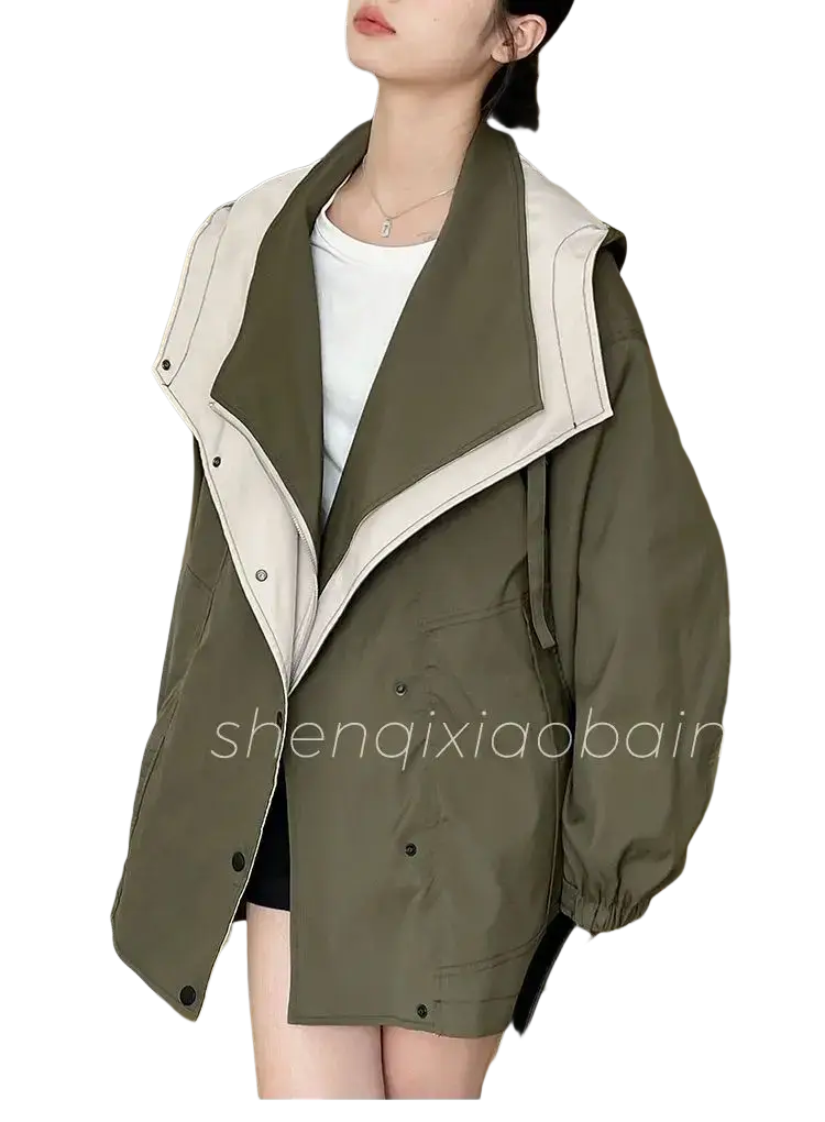 Hooded trench coat utility jacket in olive green and cream with contrasting collar button closures and elastic cuffs
