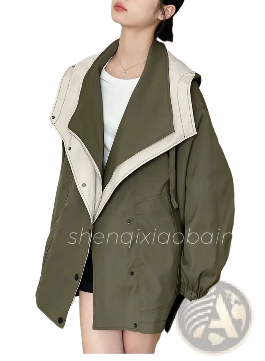 Hooded trench coat utility jacket in olive green and cream with contrasting collar button closures and elastic cuffs