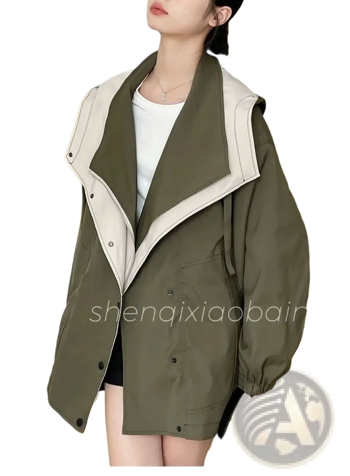 Hooded trench coat utility jacket in olive green and cream with contrasting collar button closures and elastic cuffs