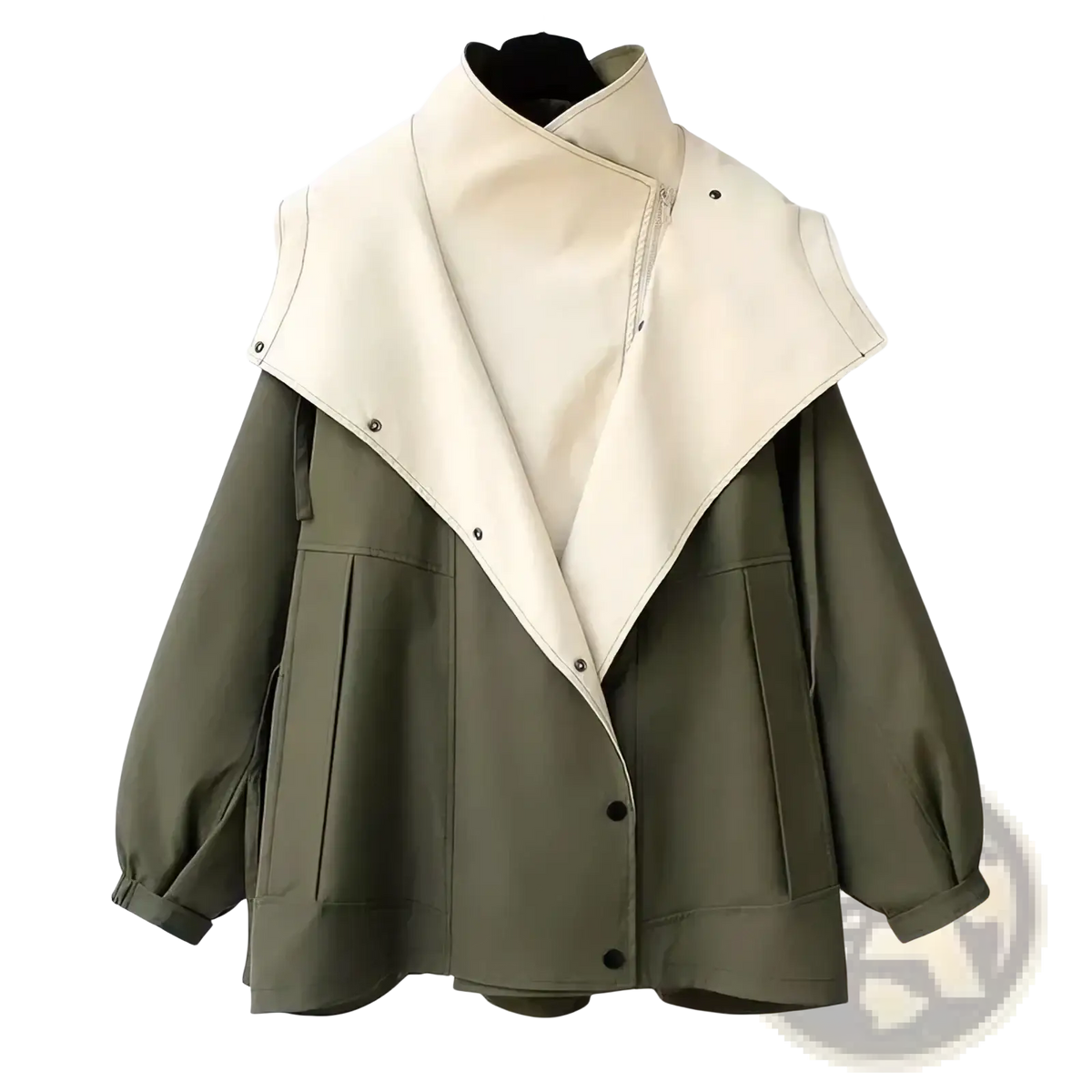 Olive green and cream two-tone faux leather hooded trench coat utility jacket with high collar button closures and flap pockets