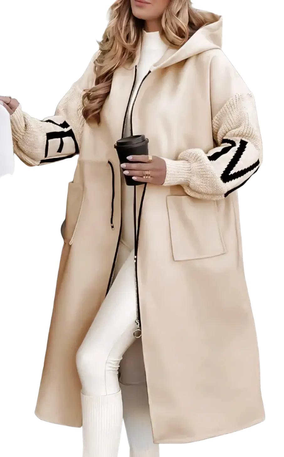 Beige hooded trench coat with knit sleeves featuring black geometric patterns and a front zipper closure for women