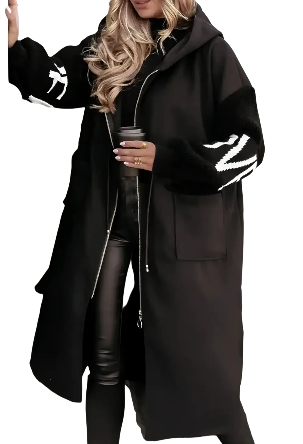Black hooded trench coat with plush textured sleeves and bold white geometric embroidery for women