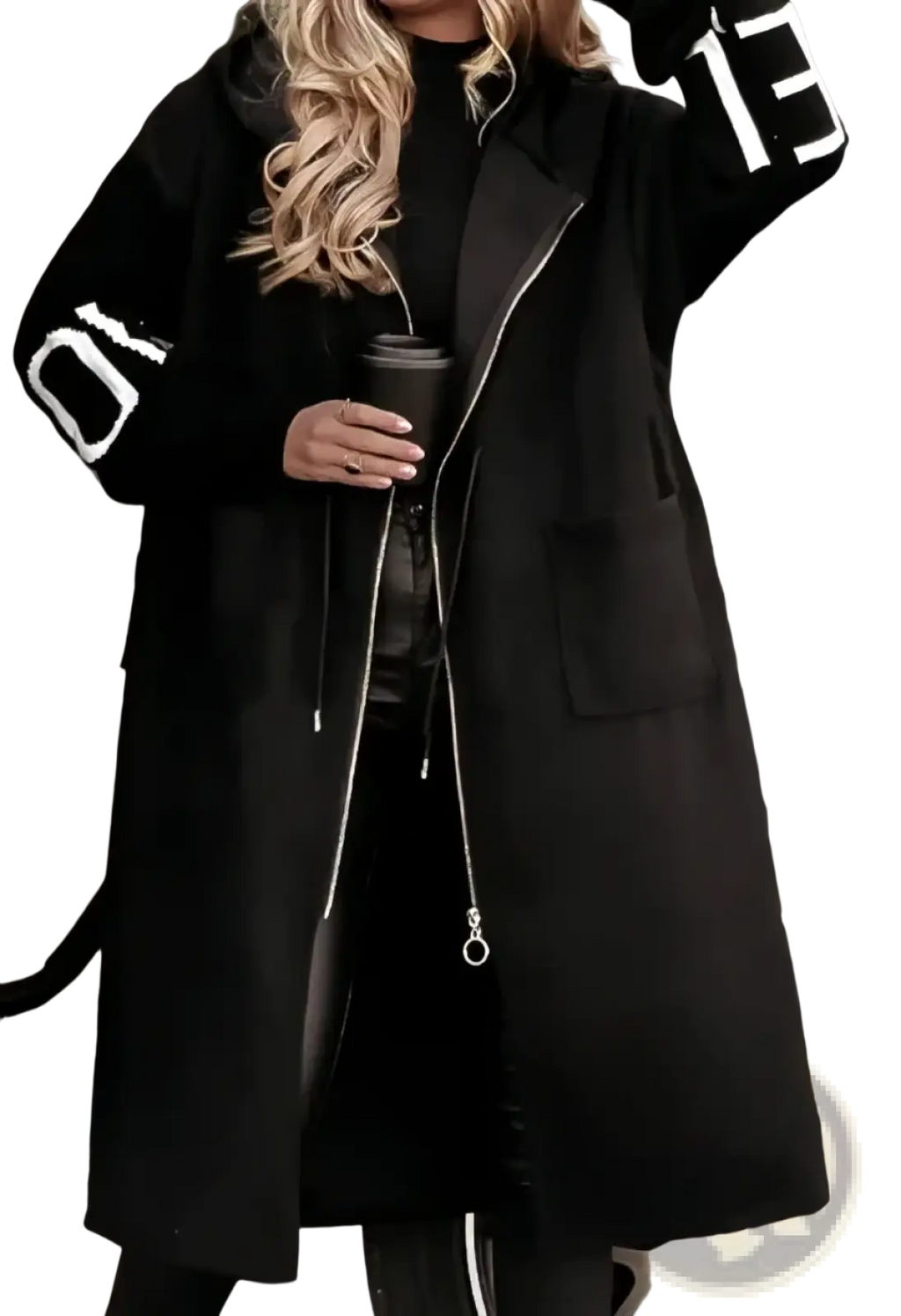 Black oversized hooded trench coat with white numeric embroidery sleeves and silver zipper detail for women