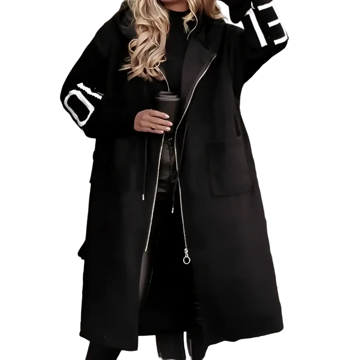 Black hooded trench coat women longline sweater jacket with white number embroidery on sleeves and silver zippers
